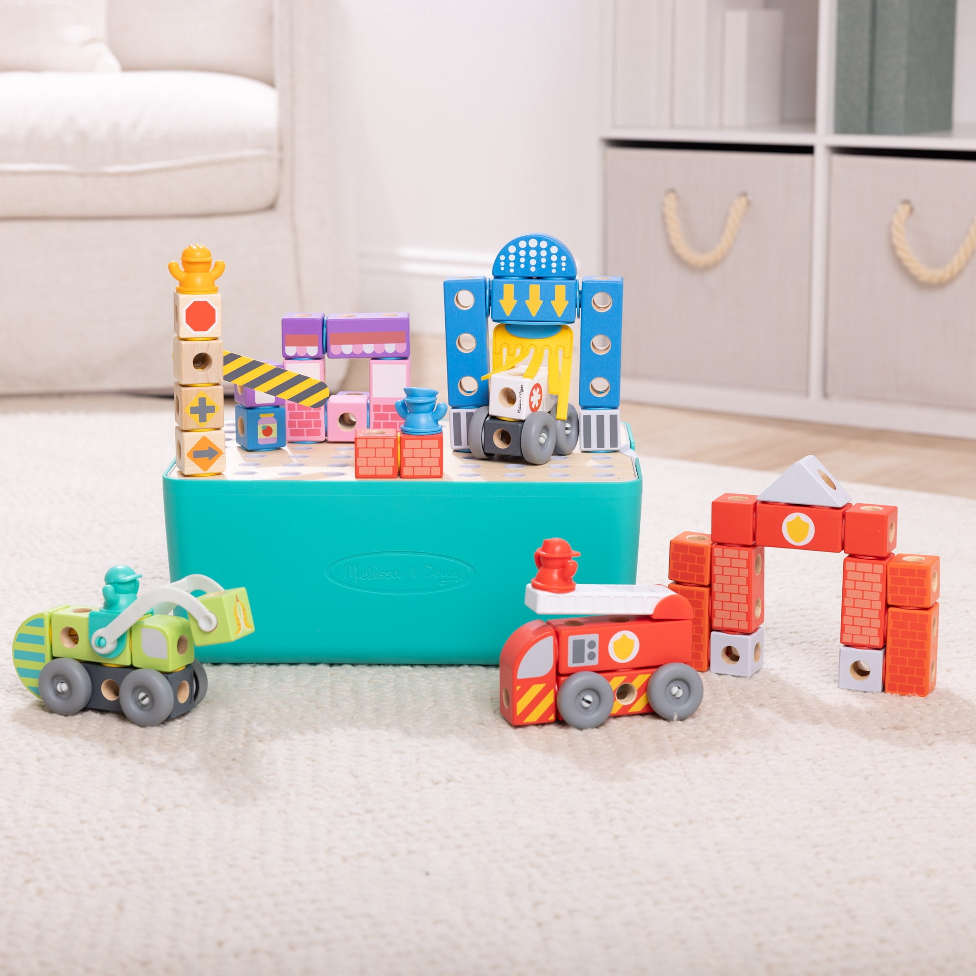 Melissa & Doug Blockables™ Deluxe City Snap And Play, Mix and Match Connectable Wooden Building Blocks Play Set With Storage Bin and Play Lid (122 Pcs) - FSC Certified