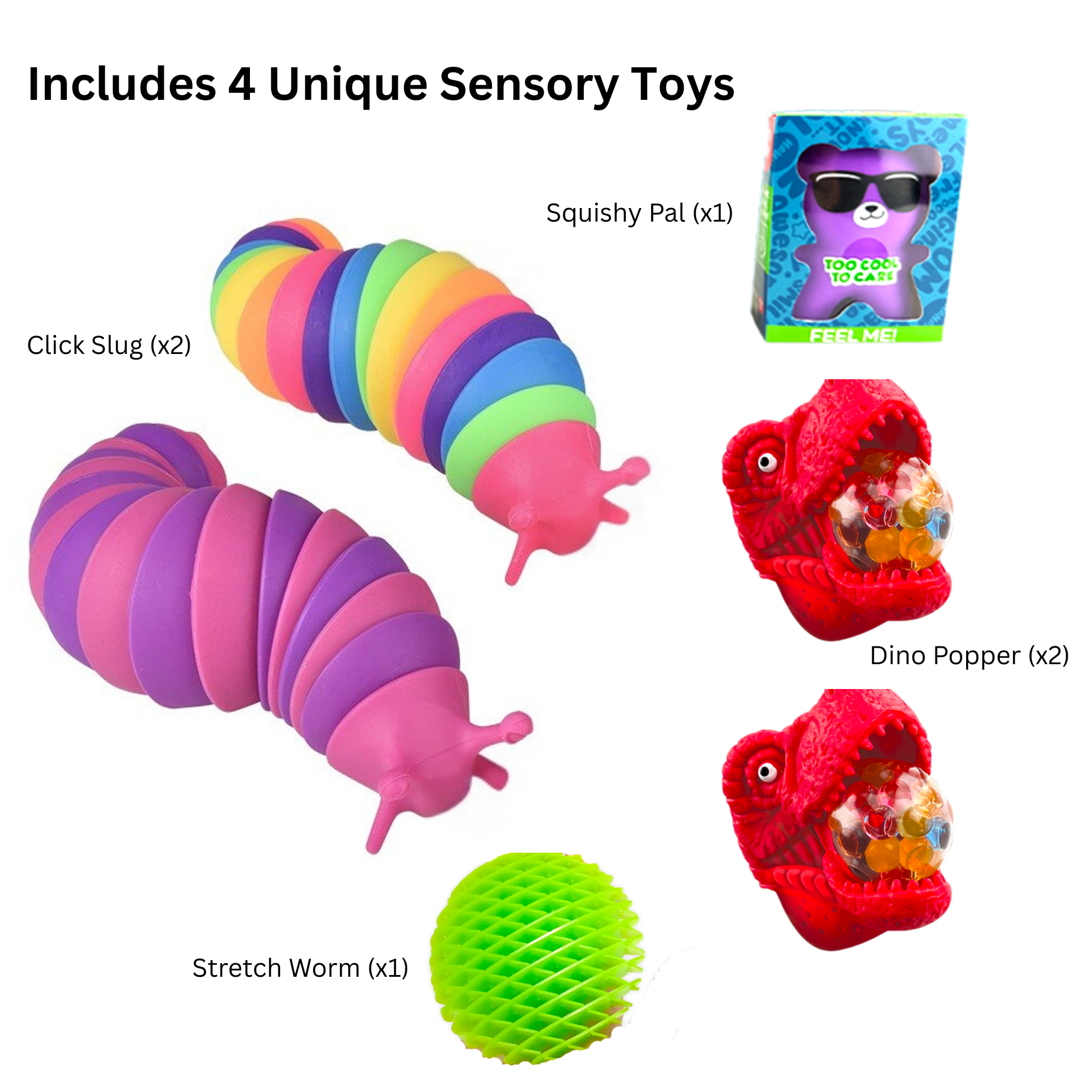 FocusHive 6 Pc Sensory Toy Bundle for Kids – Fidget Slug, Squishy Stress Ball, Dino Popper & Stretch Worm – ADHD Focus & Calm Kit for Home, Classroom & Travel