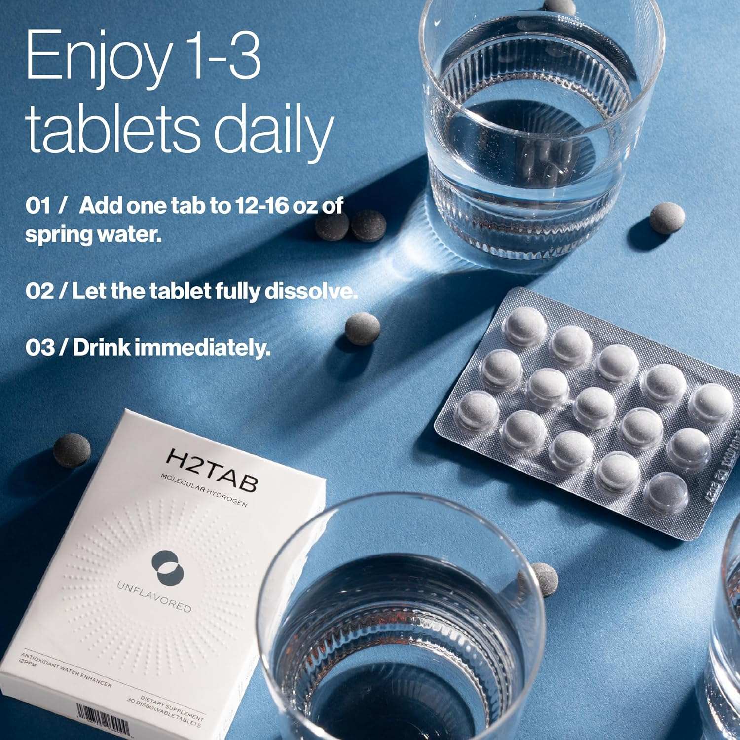 Molecular H2TAB Hydrogen Tablets with Magnesium - 12 PPM Hydrogen Tablets for Drinking Water - Rich in Antioxidants, Supports Cellular Health, Recovery & Cognitive Function (30 Count, Unflavored)