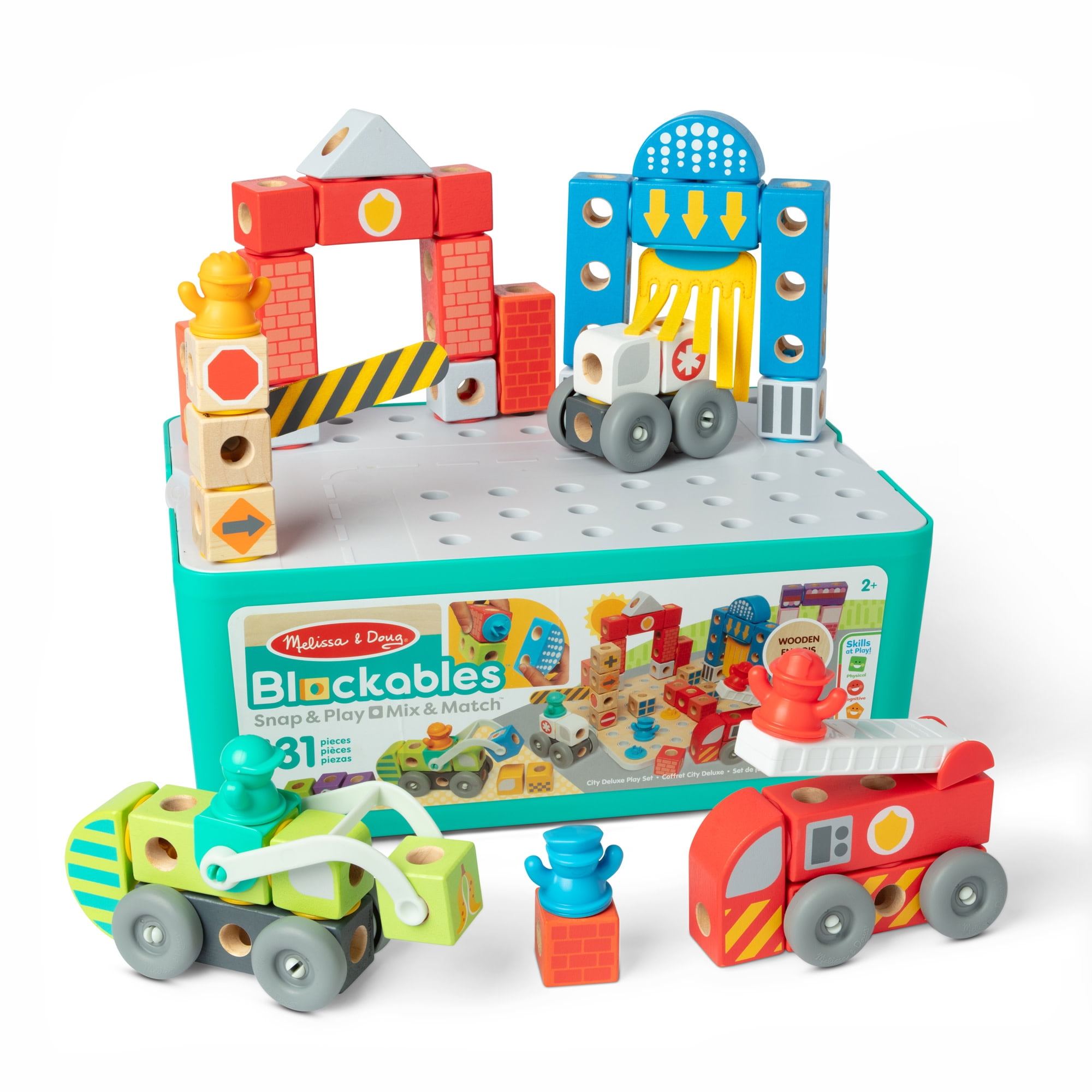 Melissa & Doug Blockables™ Deluxe City Snap And Play, Mix and Match Connectable Wooden Building Blocks Play Set With Storage Bin and Play Lid (122 Pcs) - FSC Certified