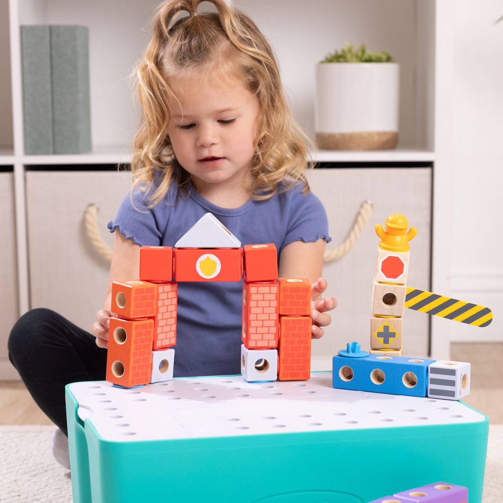 Melissa & Doug Blockables™ Deluxe City Snap And Play, Mix and Match Connectable Wooden Building Blocks Play Set With Storage Bin and Play Lid (122 Pcs) - FSC Certified